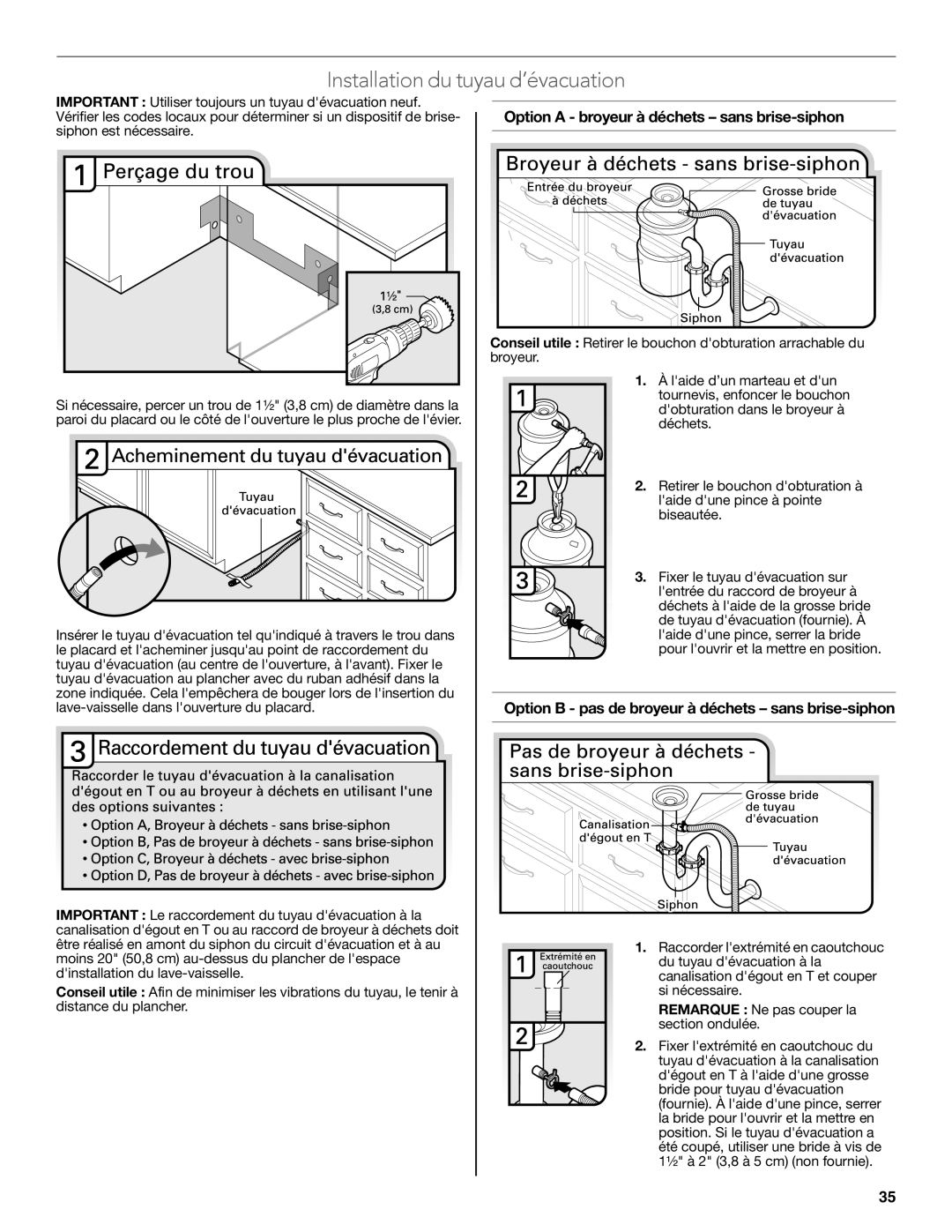 KitchenAid W10321621D Installation du tuyau d’évacuation, Option a broyeur à déchets sans brise-siphon 