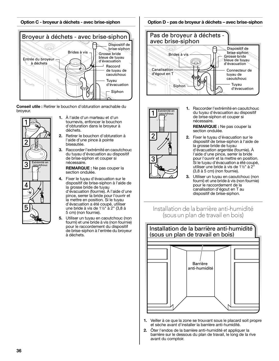 KitchenAid W10321621D Option C broyeur à déchets avec brise-siphon, Option D pas de broyeur à déchets avec brise-siphon 