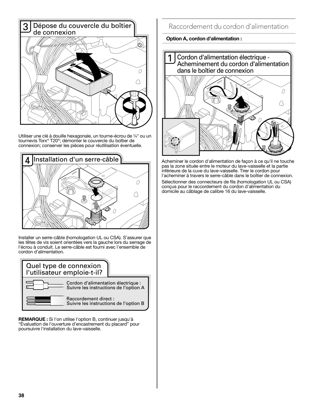 KitchenAid W10321621D installation instructions Raccordement du cordon dalimentation, Option A, cordon d’alimentation 