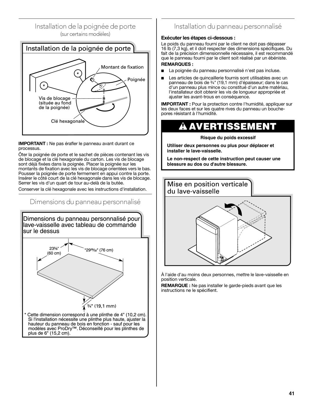 KitchenAid W10321621D installation instructions Installation de la poignée de porte, Exécuter les étapes ci-dessous 