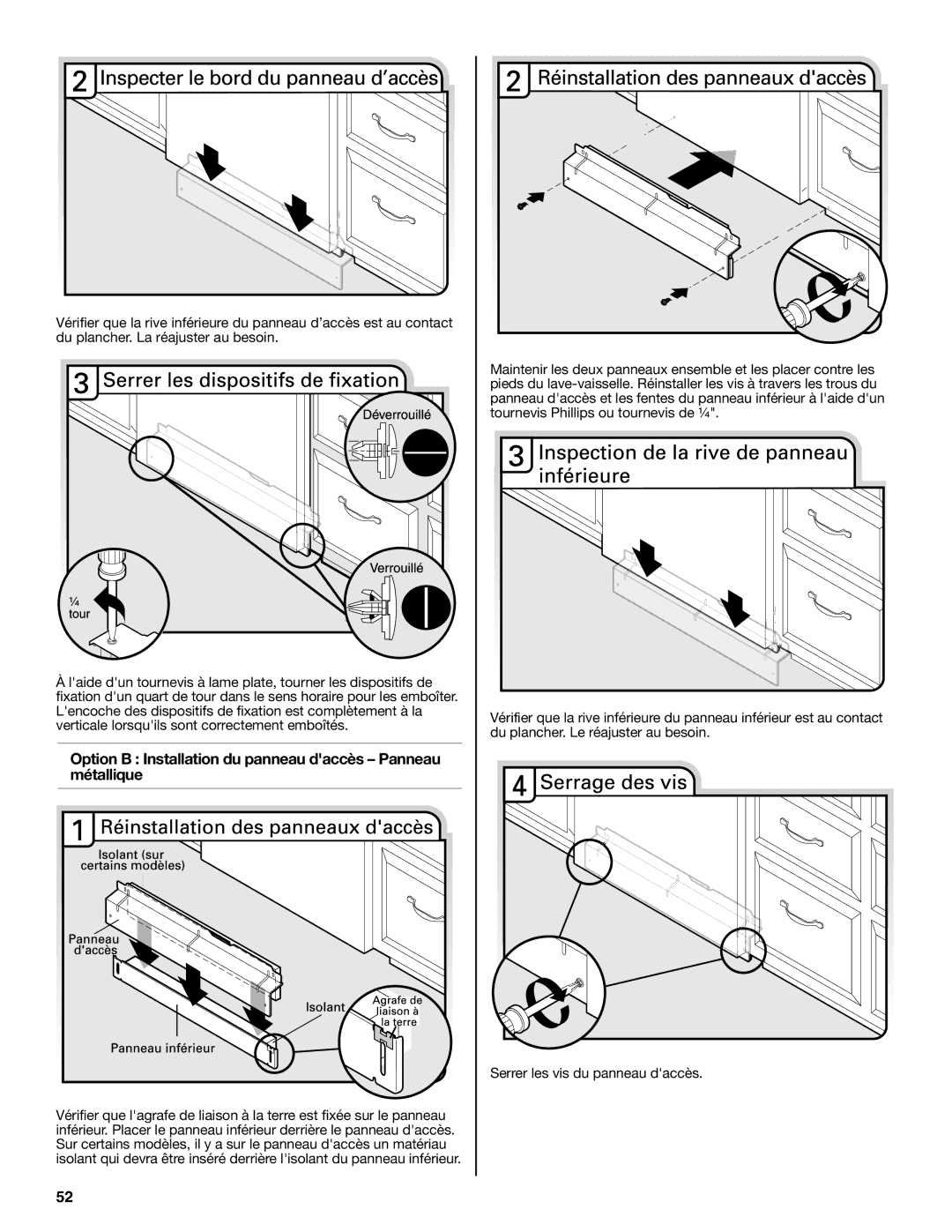 KitchenAid W10321621D installation instructions Option B Installation du panneau daccès Panneau métallique 