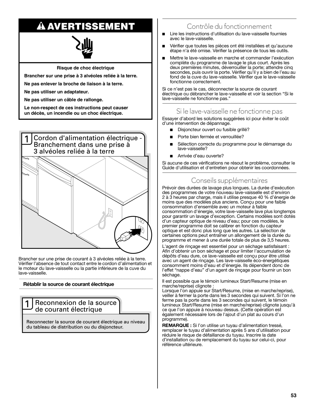 KitchenAid W10321621D Contrôle du fonctionnement, Si le lave-vaisselle ne fonctionne pas, Conseils supplémentaires 