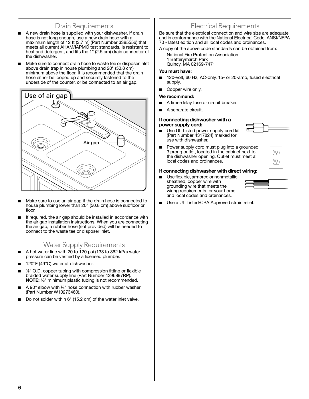 KitchenAid W10321621D installation instructions Drain Requirements, Water Supply Requirements, Electrical Requirements 