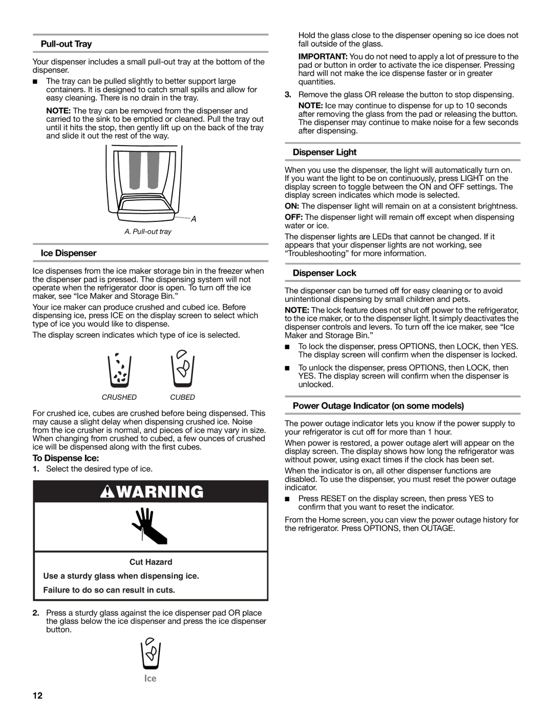 KitchenAid W10322940A Pull-out Tray, Ice Dispenser, To Dispense Ice, Dispenser Light, Dispenser Lock 