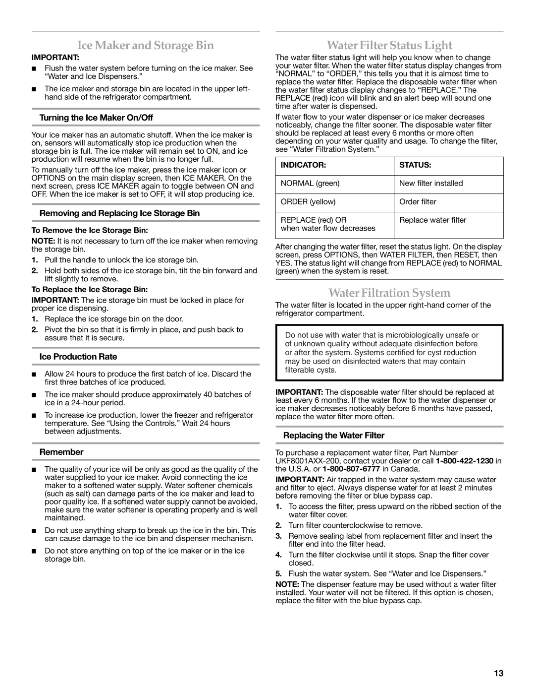 KitchenAid W10322940A Ice Maker and Storage Bin, Water Filter Status Light, Water Filtration System 