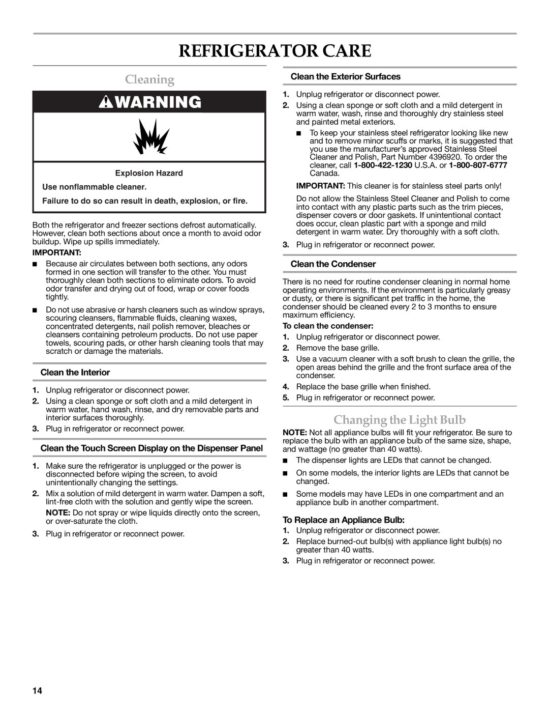 KitchenAid W10322940A installation instructions Refrigerator Care, Cleaning, Changing the Light Bulb 