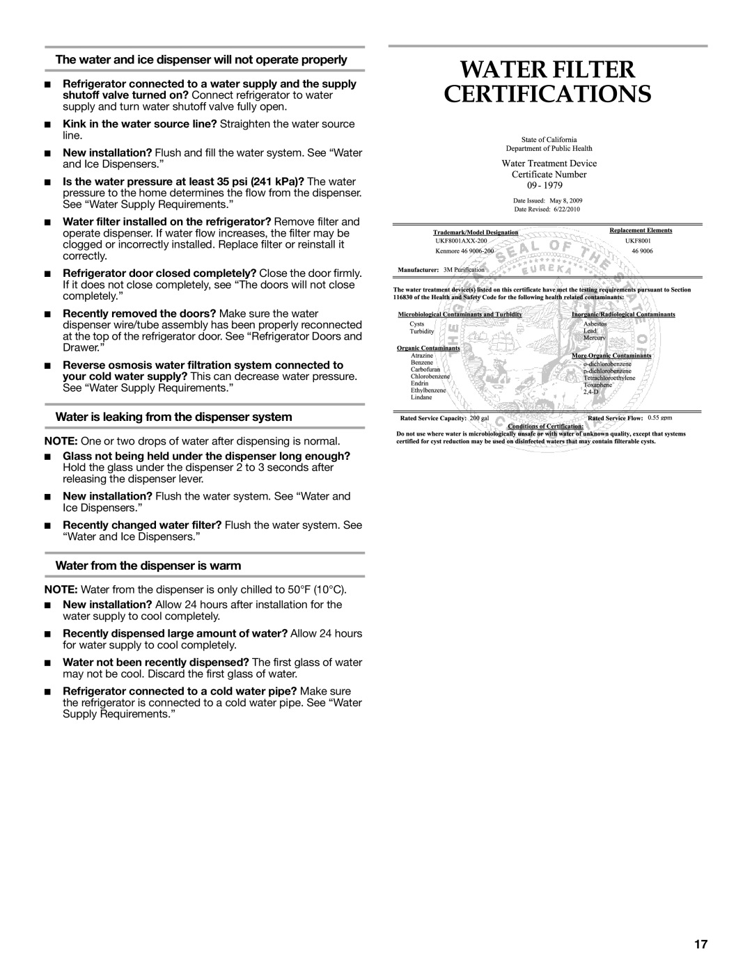 KitchenAid W10322940A Water Filter Certifications, Water and ice dispenser will not operate properly 