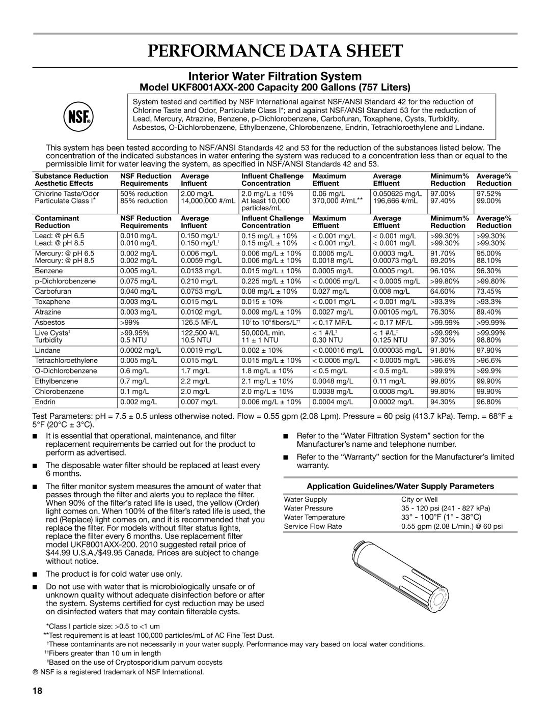 KitchenAid W10322940A installation instructions Performance Data Sheet, Application Guidelines/Water Supply Parameters 