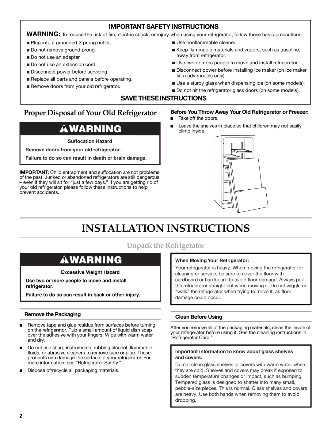 KitchenAid W10322940A Installation Instructions, Unpack the Refrigerator, Remove the Packaging, Clean Before Using 