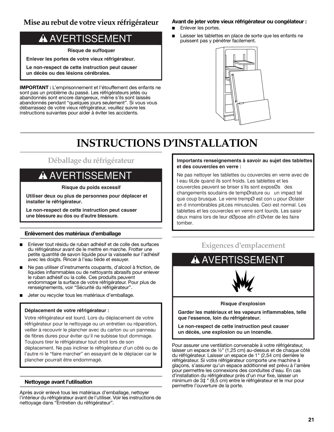 KitchenAid W10322940A Instructions D’INSTALLATION, Déballage du réfrigérateur, Exigences demplacement 