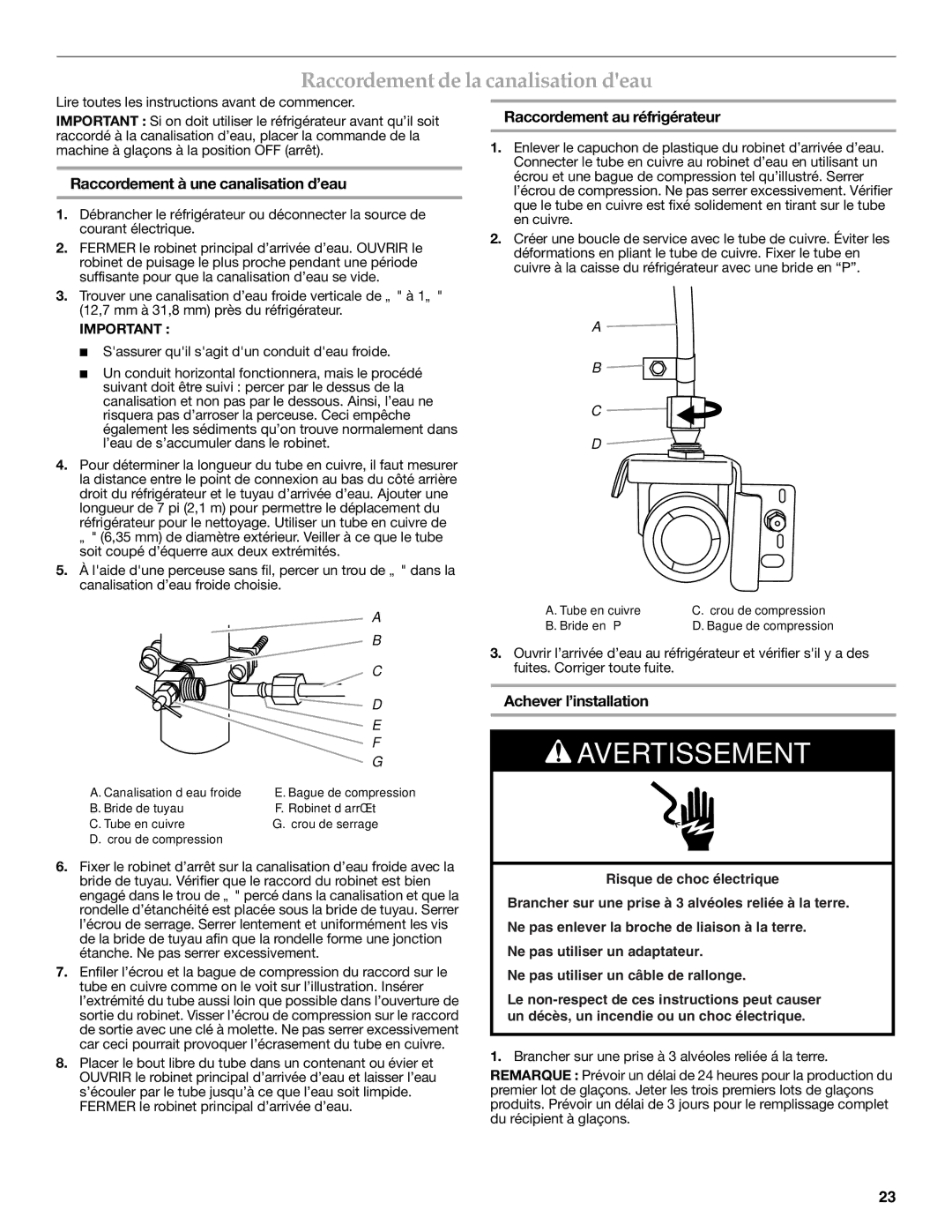 KitchenAid W10322940A Raccordement de la canalisation deau, Raccordement à une canalisation d’eau, Achever l’installation 