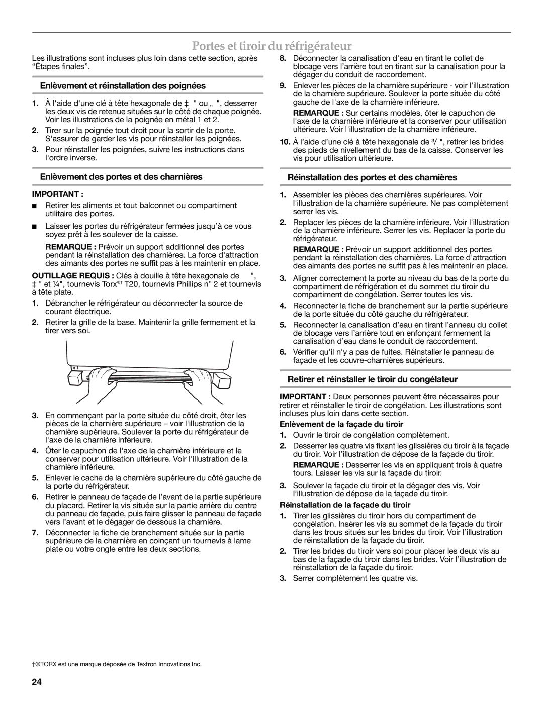 KitchenAid W10322940A Portes et tiroir du réfrigérateur, Enlèvement et réinstallation des poignées 