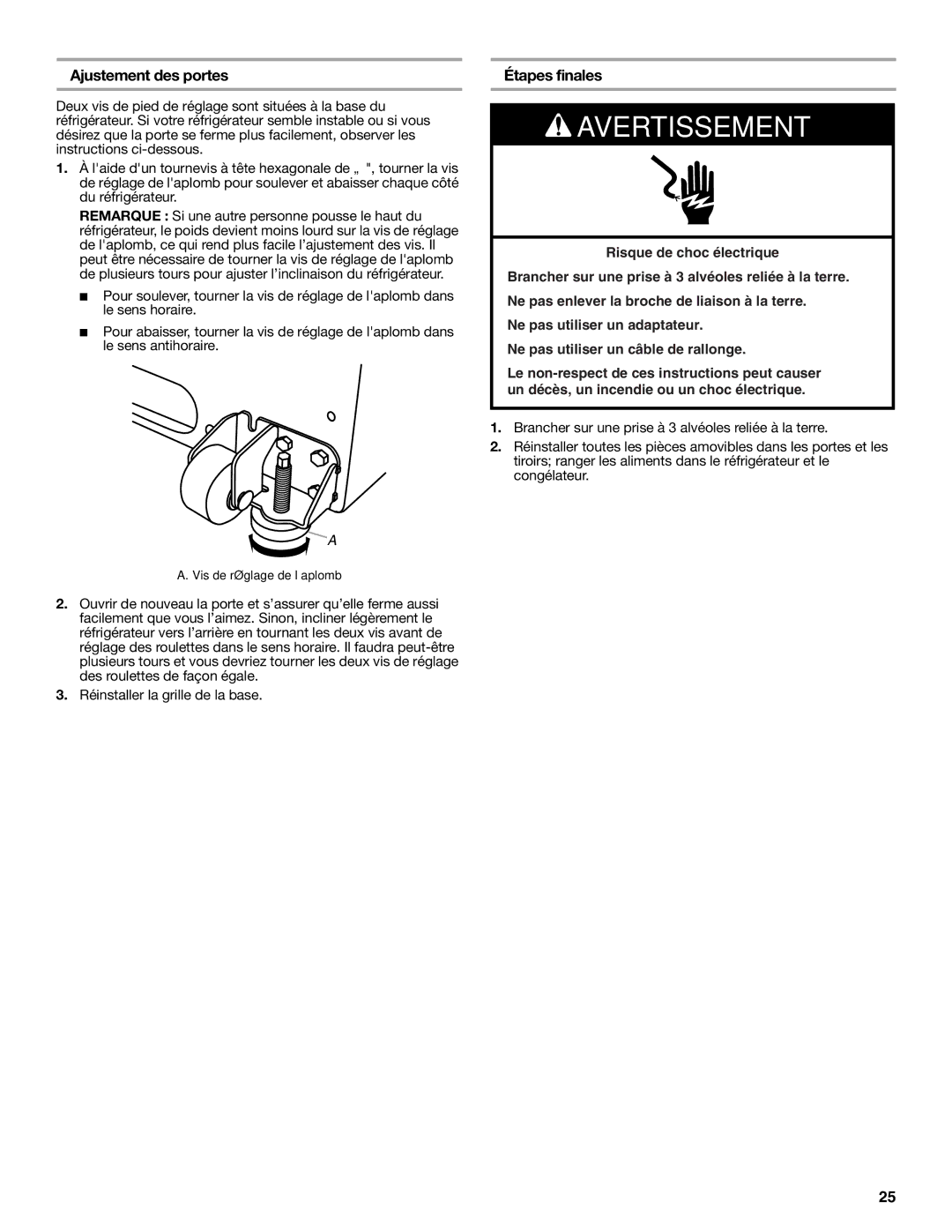 KitchenAid W10322940A installation instructions Ajustement des portes, Étapes finales 