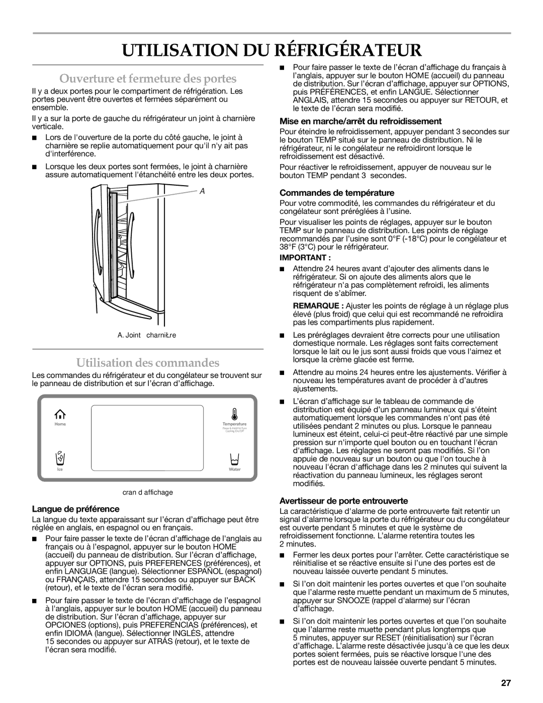 KitchenAid W10322940A Utilisation DU Réfrigérateur, Ouverture et fermeture des portes, Utilisation des commandes 