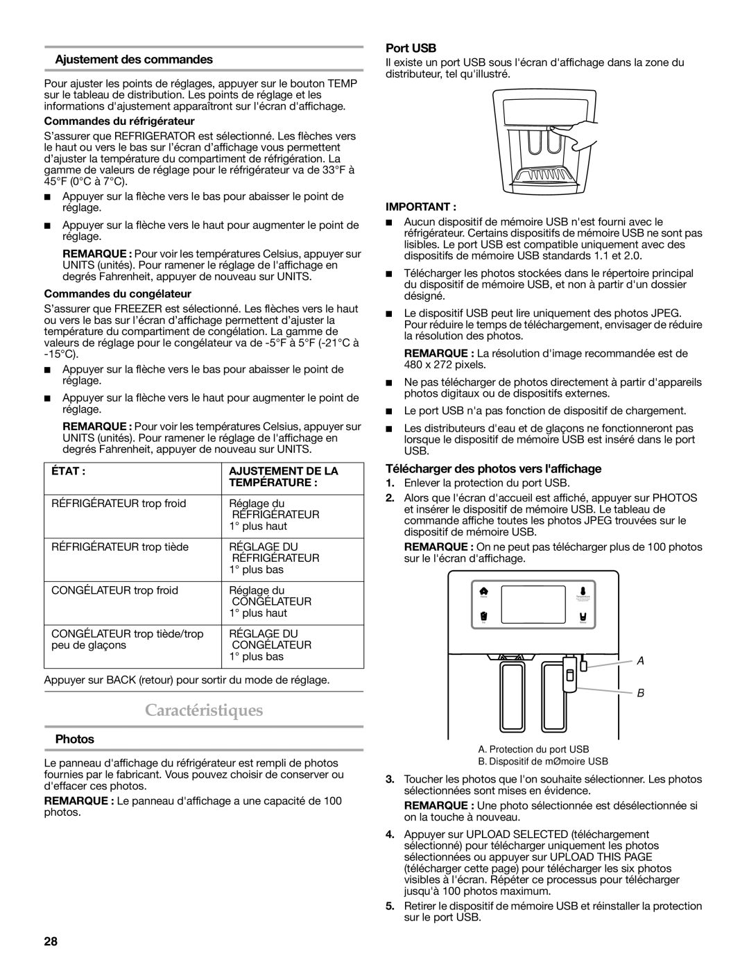 KitchenAid W10322940A Caractéristiques, Ajustement des commandes, Port USB, Télécharger des photos vers laffichage 