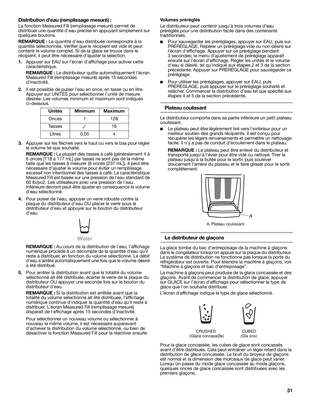 KitchenAid W10322940A Distribution deau remplissage mesuré, Plateau coulissant, Le distributeur de glaçons 