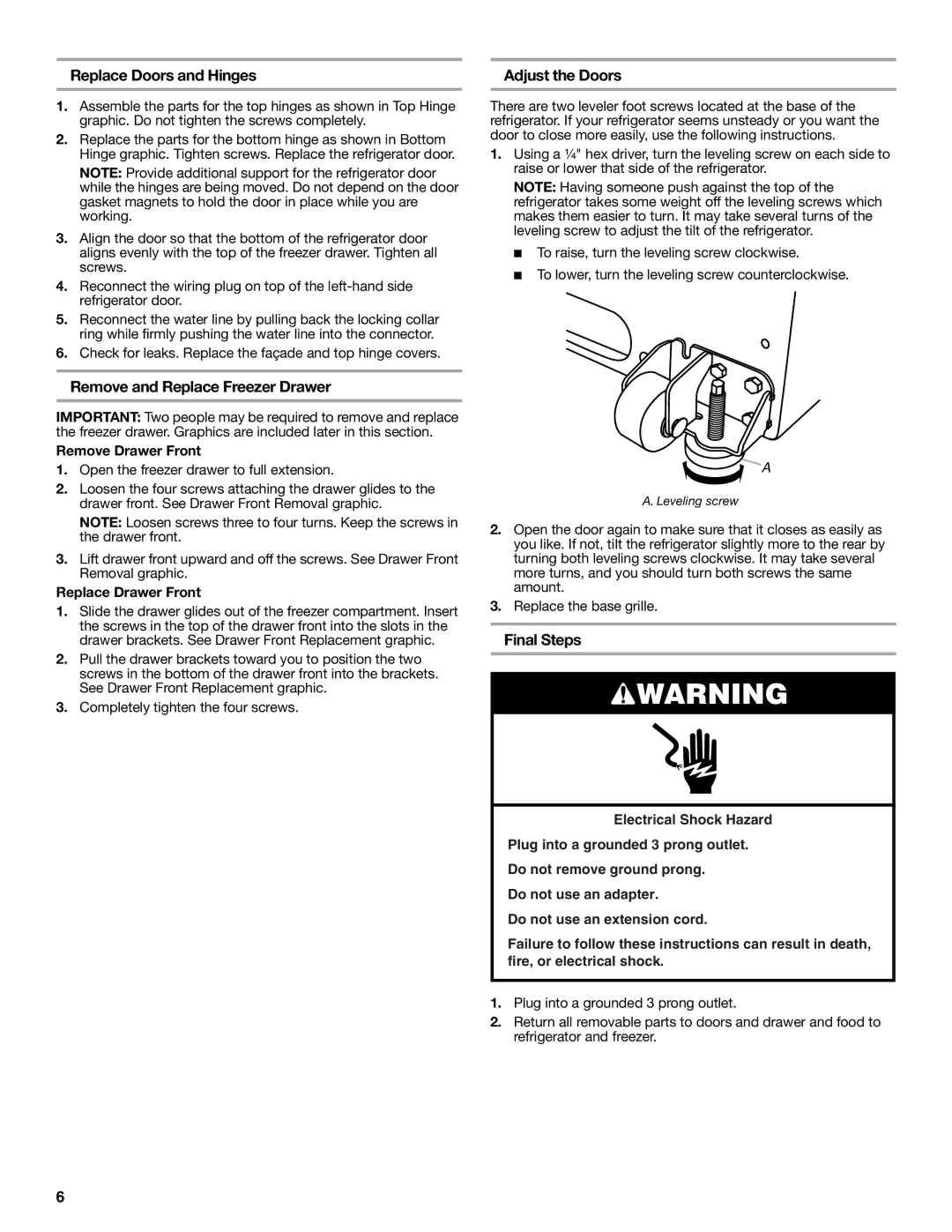 KitchenAid W10322940A Replace Doors and Hinges, Remove and Replace Freezer Drawer, Adjust the Doors, Final Steps 