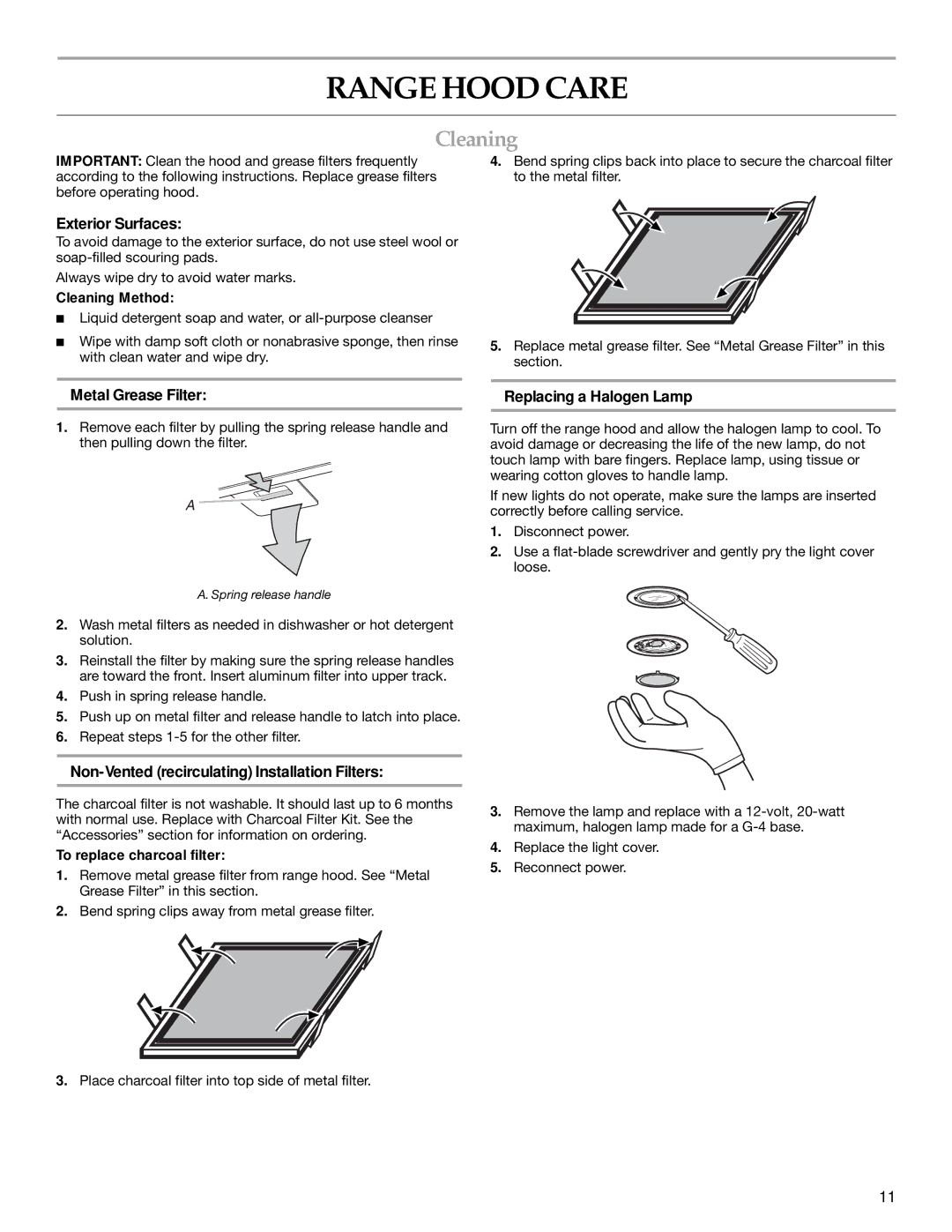 KitchenAid LI3Y7C, W10322991C Range Hood Care, Cleaning, Exterior Surfaces, Metal Grease Filter Replacing a Halogen Lamp 