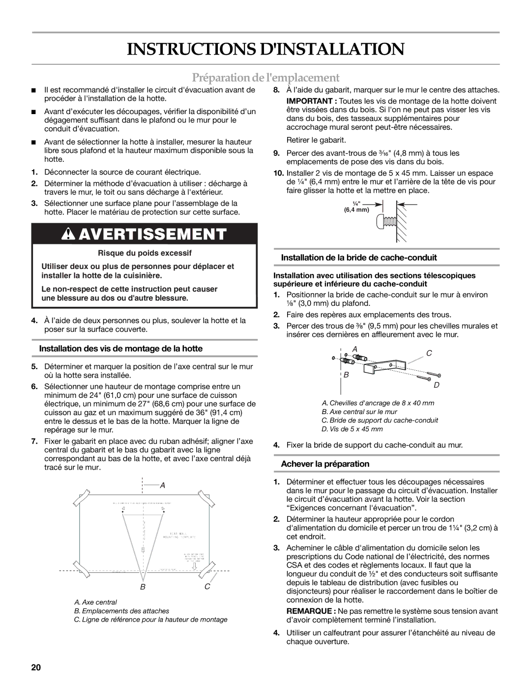 KitchenAid W10322991C Instructions Dinstallation, Préparation de lemplacement, Installation des vis de montage de la hotte 