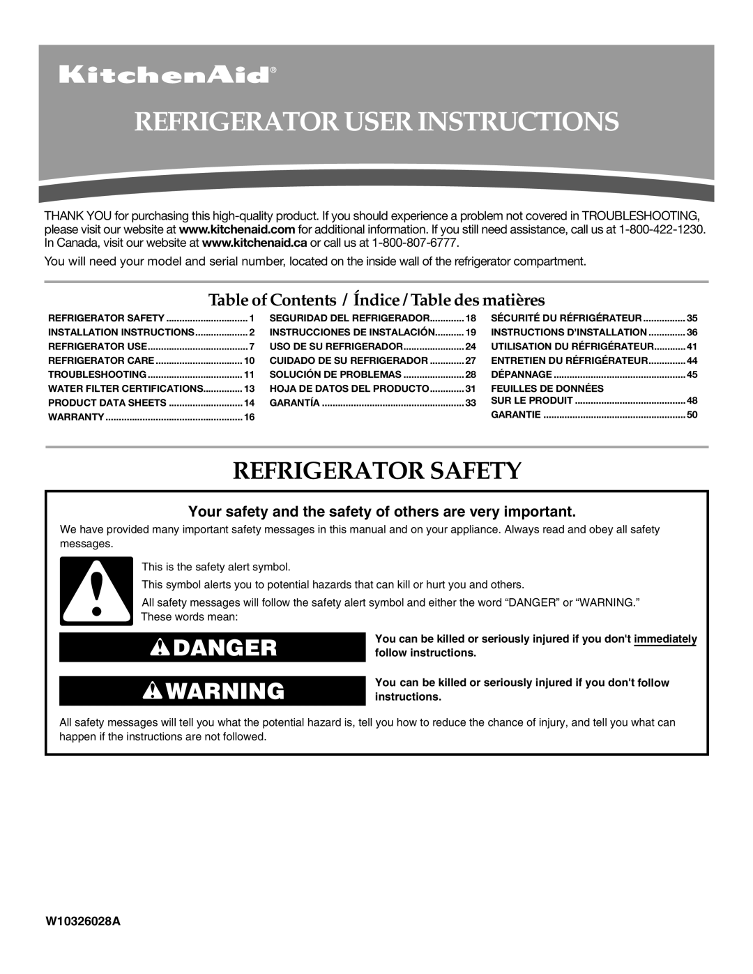 KitchenAid KFCS22EVMS, W10326028A installation instructions Refrigerator User Instructions, Refrigerator Safety 