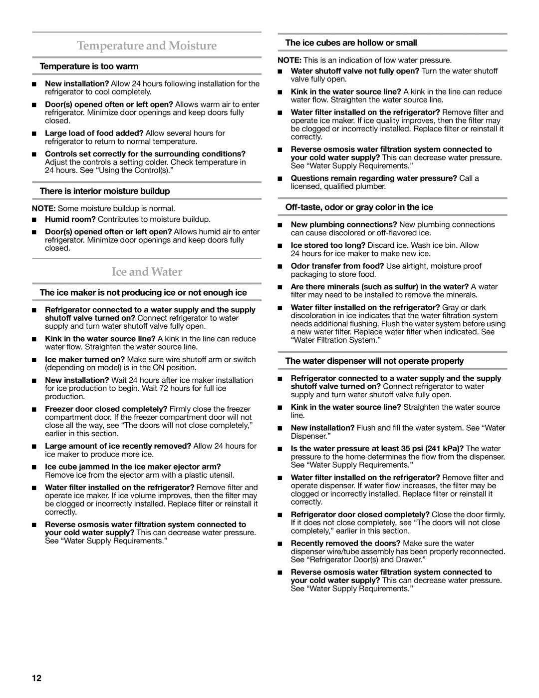 KitchenAid W10326028A, KFCS22EVMS installation instructions Temperature and Moisture, Ice and Water 