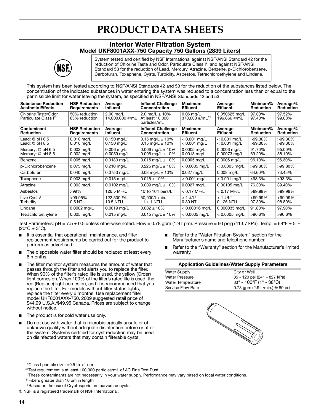 KitchenAid W10326028A, KFCS22EVMS Product Data Sheets, Application Guidelines/Water Supply Parameters 