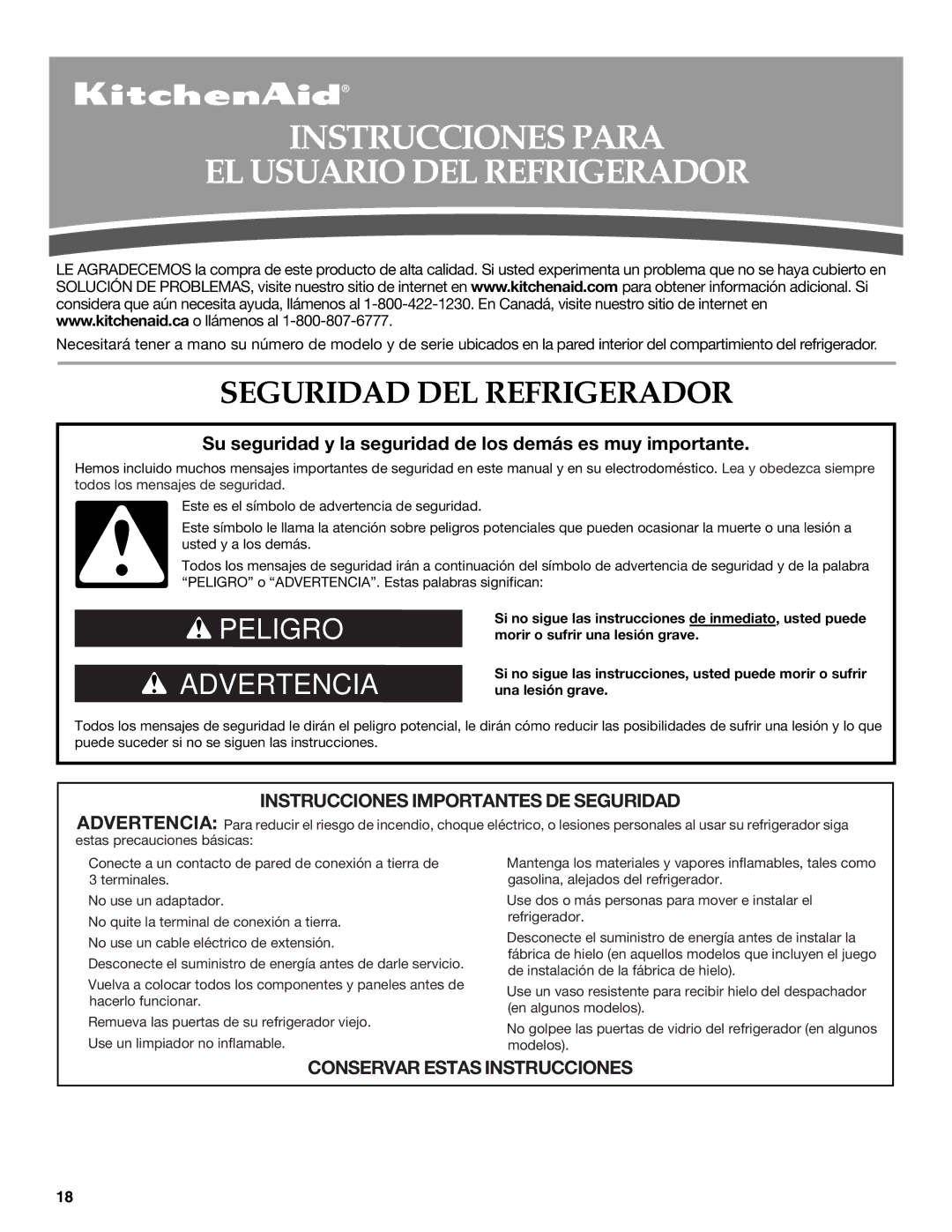 KitchenAid W10326028A, KFCS22EVMS Instrucciones Para EL Usuario DEL Refrigerador, Seguridad DEL Refrigerador 