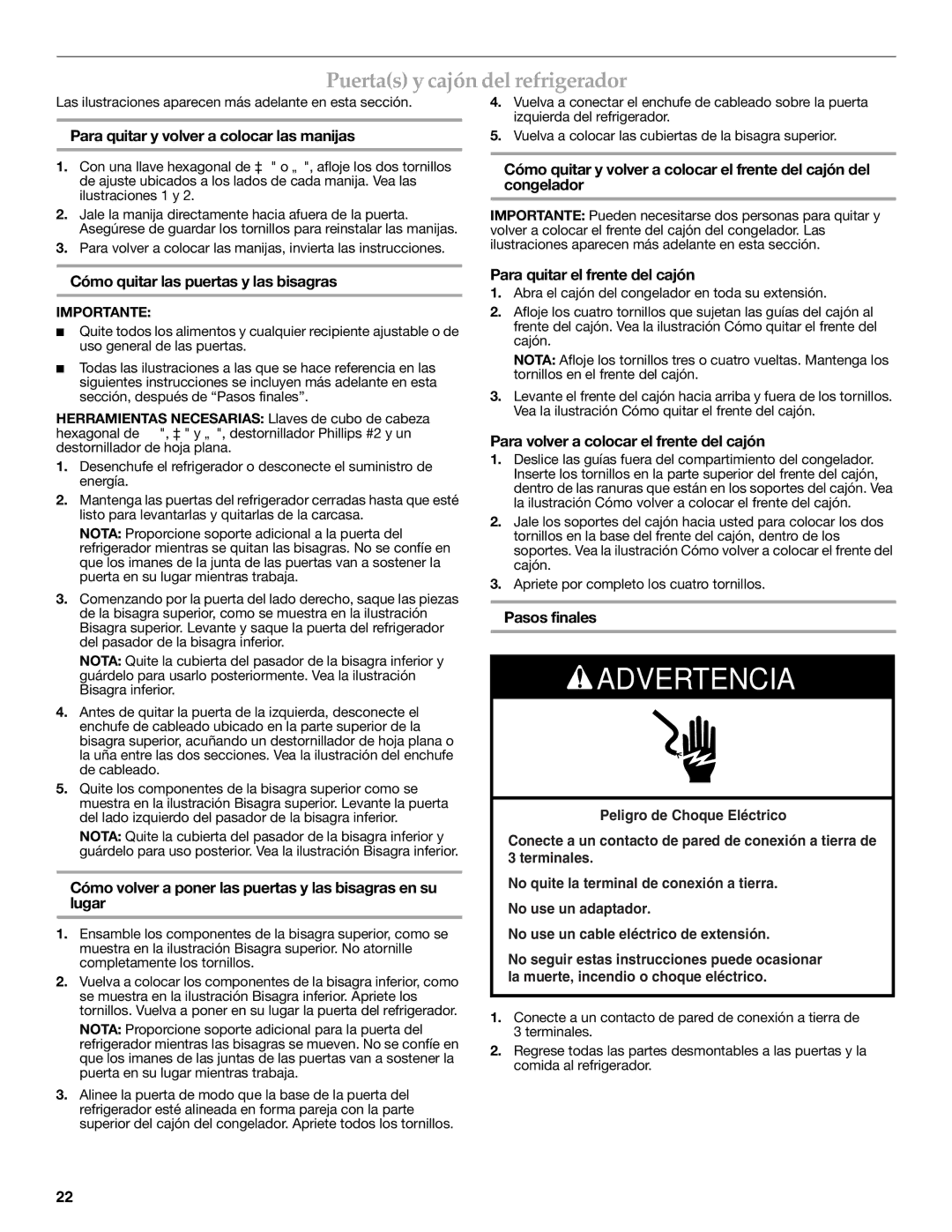 KitchenAid W10326028A, KFCS22EVMS installation instructions Puertas y cajón del refrigerador 