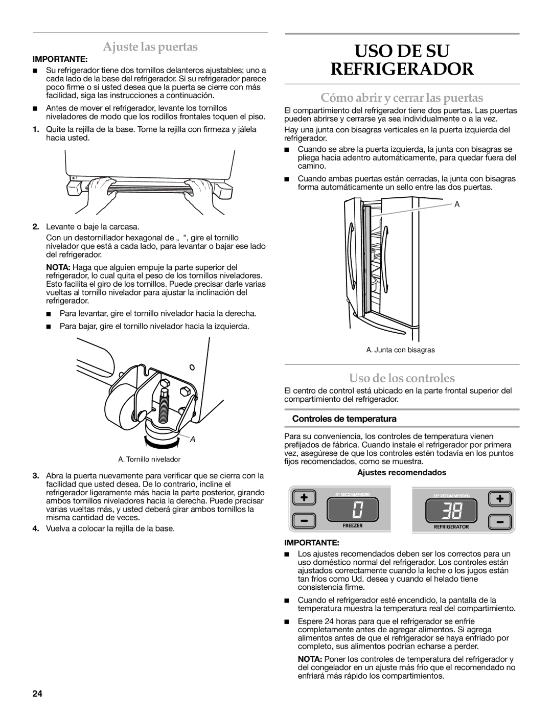 KitchenAid W10326028A USO DE SU Refrigerador, Ajuste las puertas, Cómo abrir y cerrar las puertas, Uso de los controles 