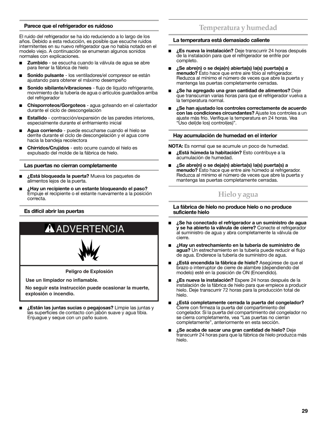 KitchenAid KFCS22EVMS, W10326028A installation instructions Temperatura y humedad, Hielo y agua 