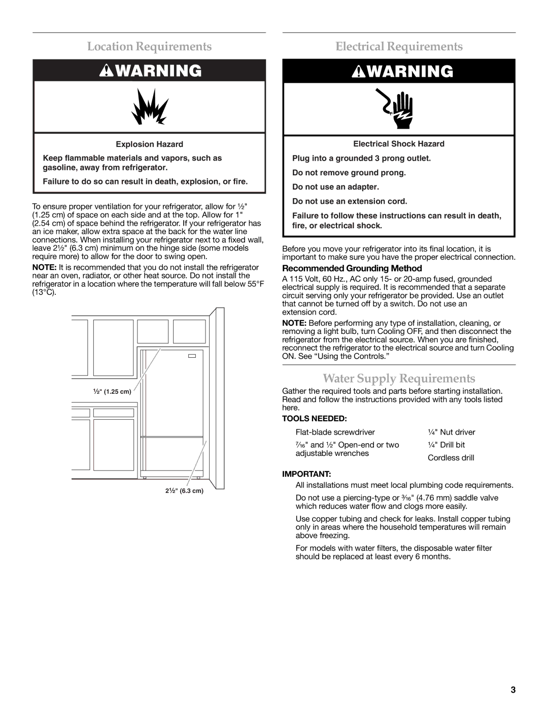 KitchenAid KFCS22EVMS, W10326028A Location Requirements, Electrical Requirements, Water Supply Requirements, Tools Needed 