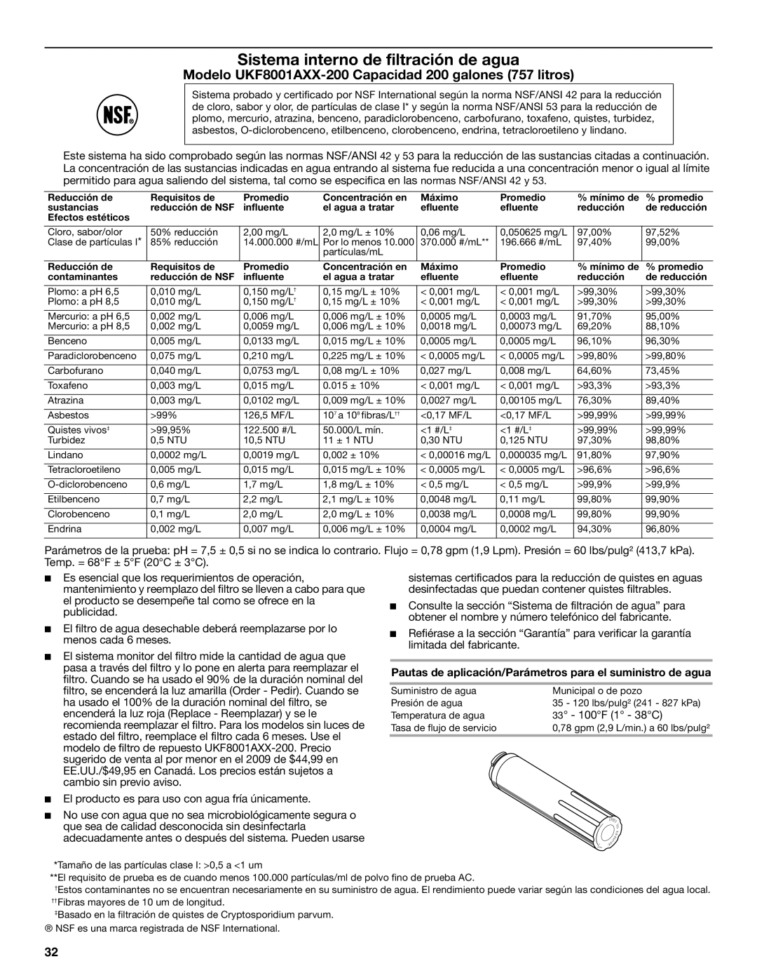 KitchenAid W10326028A, KFCS22EVMS installation instructions Modelo UKF8001AXX-200 Capacidad 200 galones 757 litros 