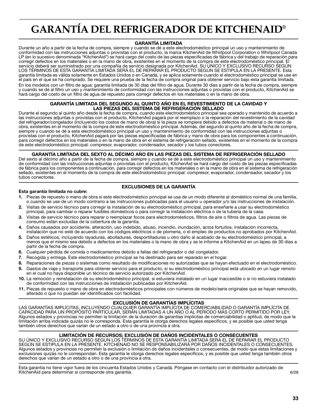 KitchenAid KFCS22EVMS, W10326028A Garantía DEL Refrigerador DE Kitchenaid, Garantía Limitada, Exclusiones DE LA Garantía 