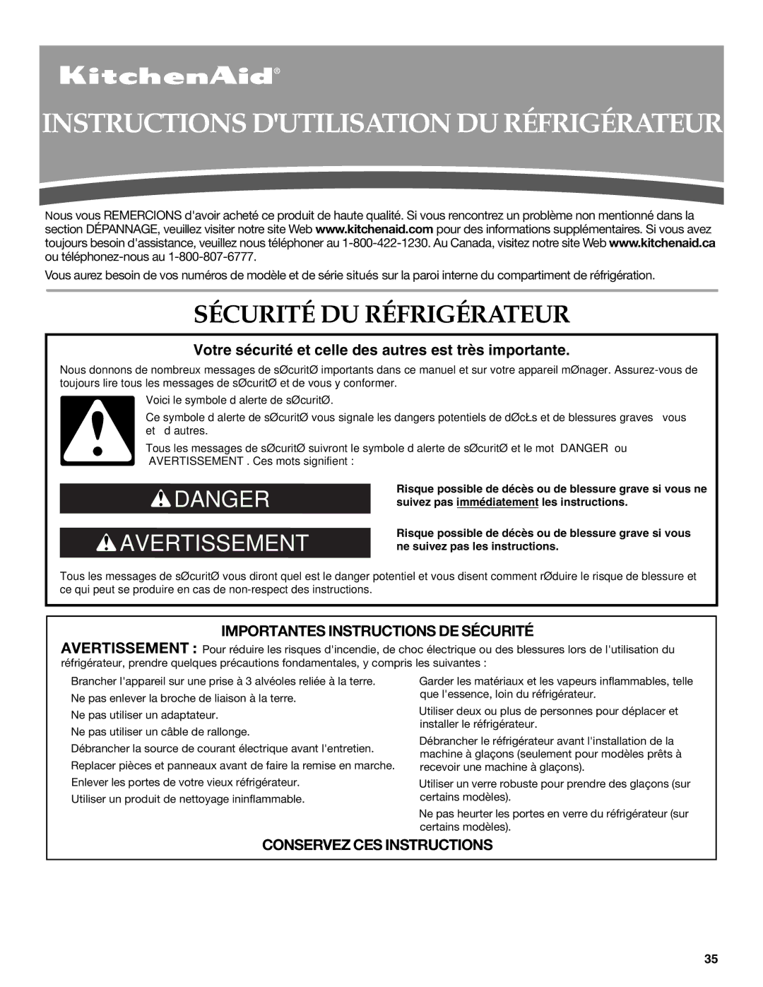 KitchenAid KFCS22EVMS, W10326028A Instructions Dutilisation DU Réfrigérateur, Sécurité DU Réfrigérateur 