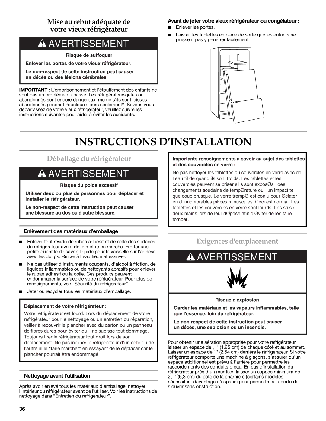 KitchenAid W10326028A, KFCS22EVMS Instructions D’INSTALLATION, Déballage du réfrigérateur, Exigences demplacement 