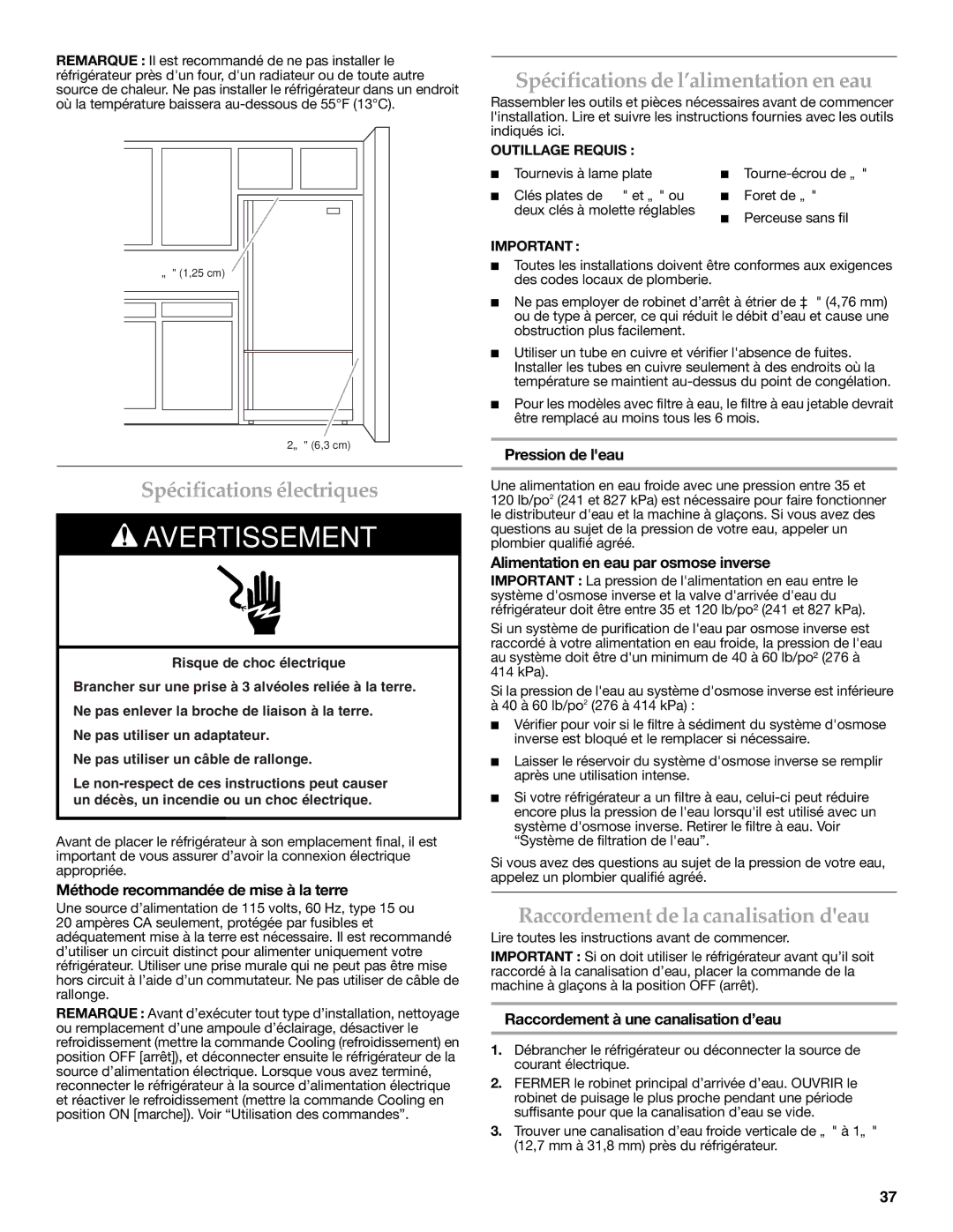 KitchenAid KFCS22EVMS, W10326028A Spécifications électriques, Spécifications de l’alimentation en eau 