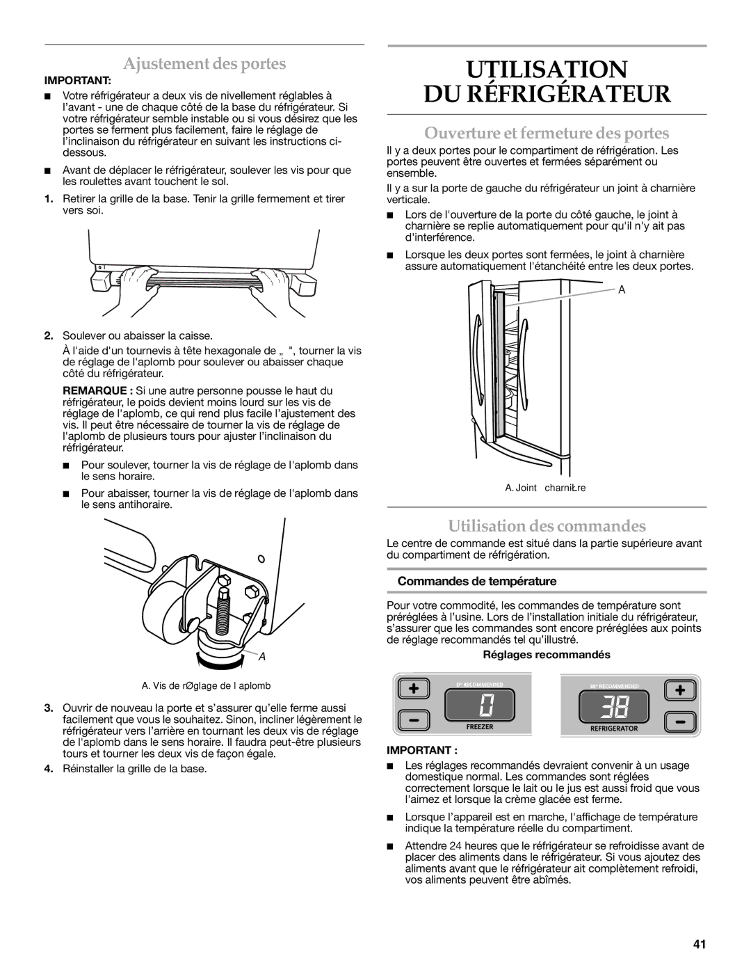 KitchenAid KFCS22EVMS, W10326028A Utilisation DU Réfrigérateur, Ajustement des portes, Ouverture et fermeture des portes 