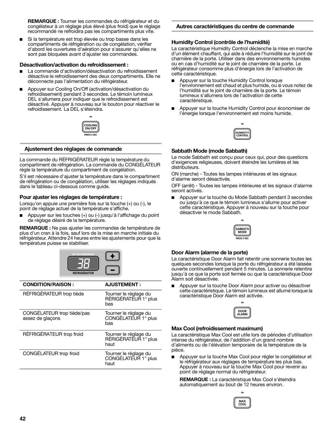 KitchenAid W10326028A, KFCS22EVMS Désactivation/activation du refroidissement, Ajustement des réglages de commande 