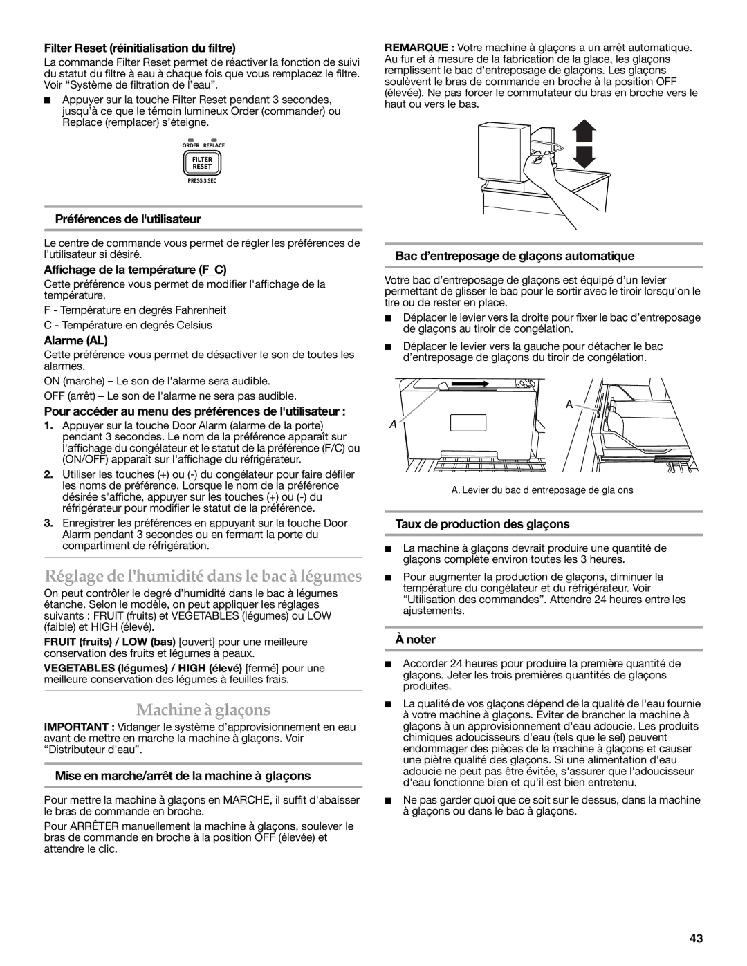 KitchenAid KFCS22EVMS, W10326028A installation instructions Réglage de lhumidité dans le bac à légumes, Machine à glaçons 