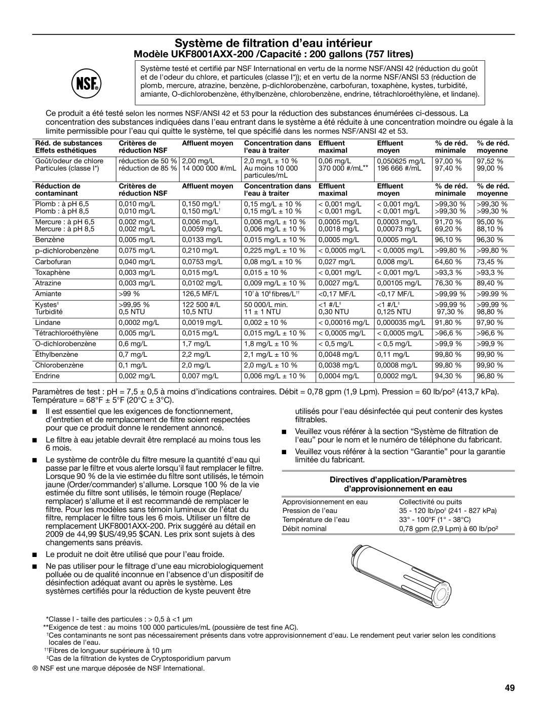 KitchenAid KFCS22EVMS, W10326028A installation instructions Modèle UKF8001AXX-200 /Capacité 200 gallons 757 litres 