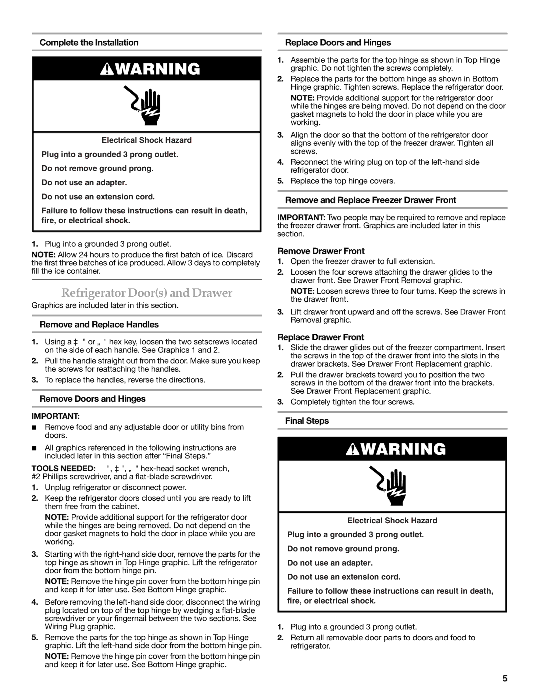 KitchenAid KFCS22EVMS, W10326028A installation instructions Refrigerator Doors and Drawer 