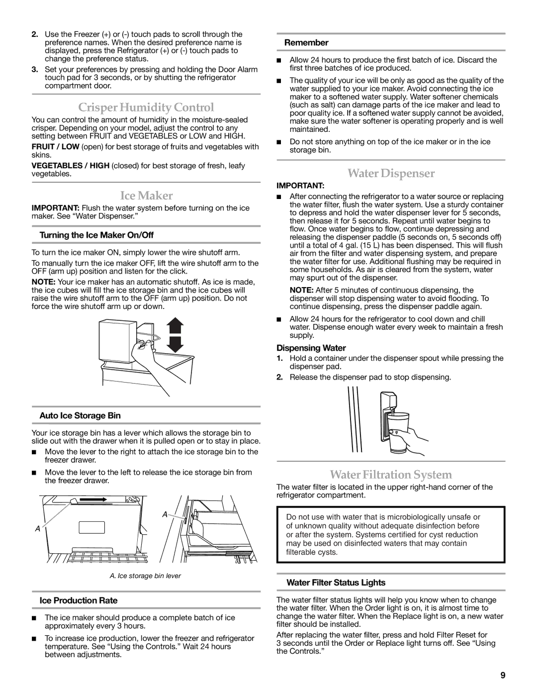 KitchenAid KFCS22EVMS, W10326028A Crisper Humidity Control, Ice Maker, Water Dispenser, Water Filtration System 