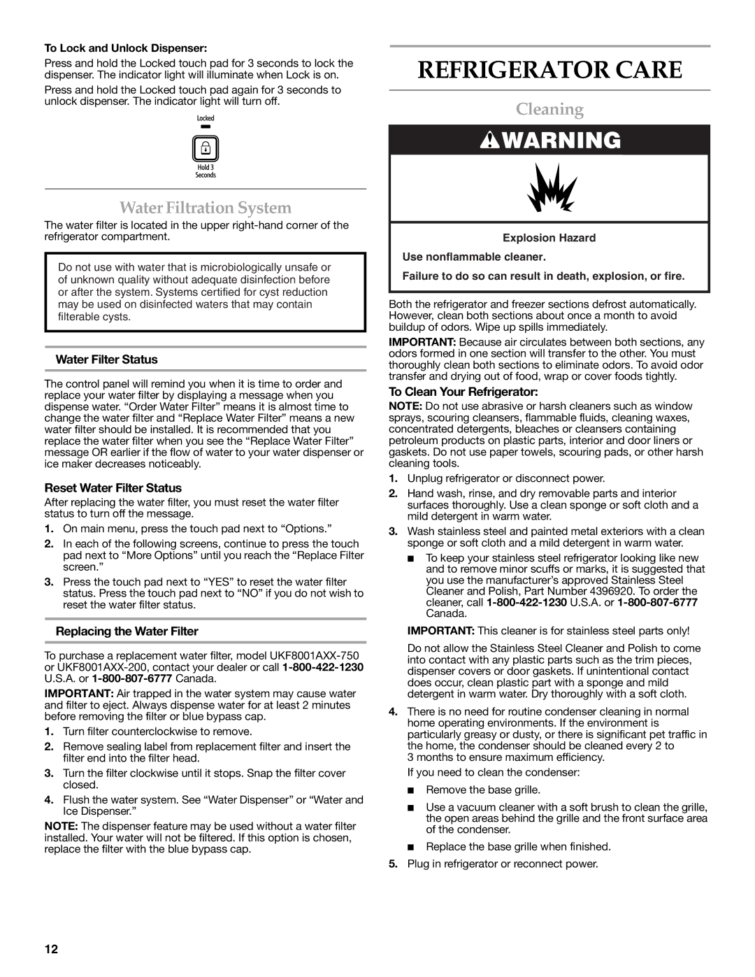 KitchenAid W10329364A installation instructions Refrigerator Care, Water Filtration System, Cleaning 