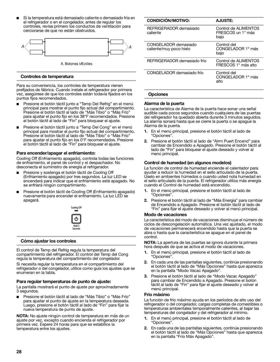 KitchenAid W10329364A Controles de temperatura, Para encender/apagar el enfriamiento, Cómo ajustar los controles 