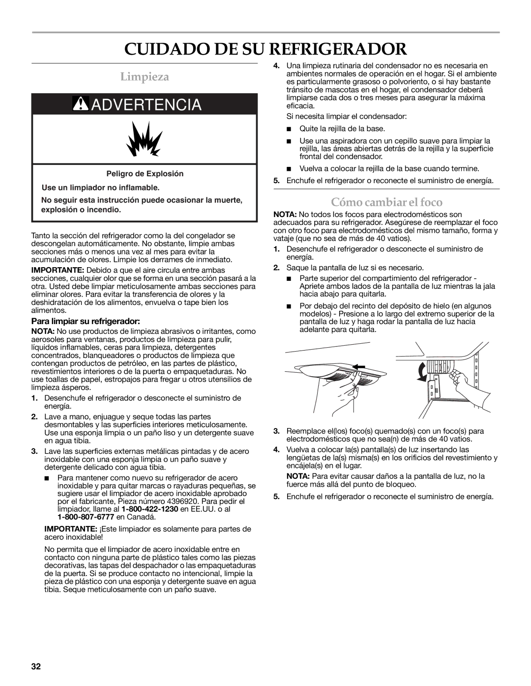 KitchenAid W10329364A Cuidado DE SU Refrigerador, Limpieza, Cómo cambiar el foco, Para limpiar su refrigerador 