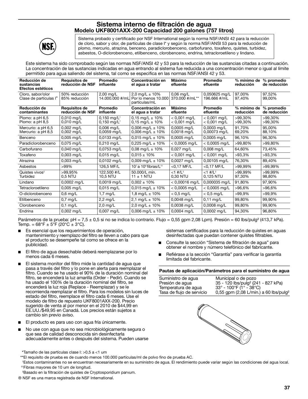 KitchenAid W10329364A installation instructions Modelo UKF8001AXX-200 Capacidad 200 galones 757 litros 