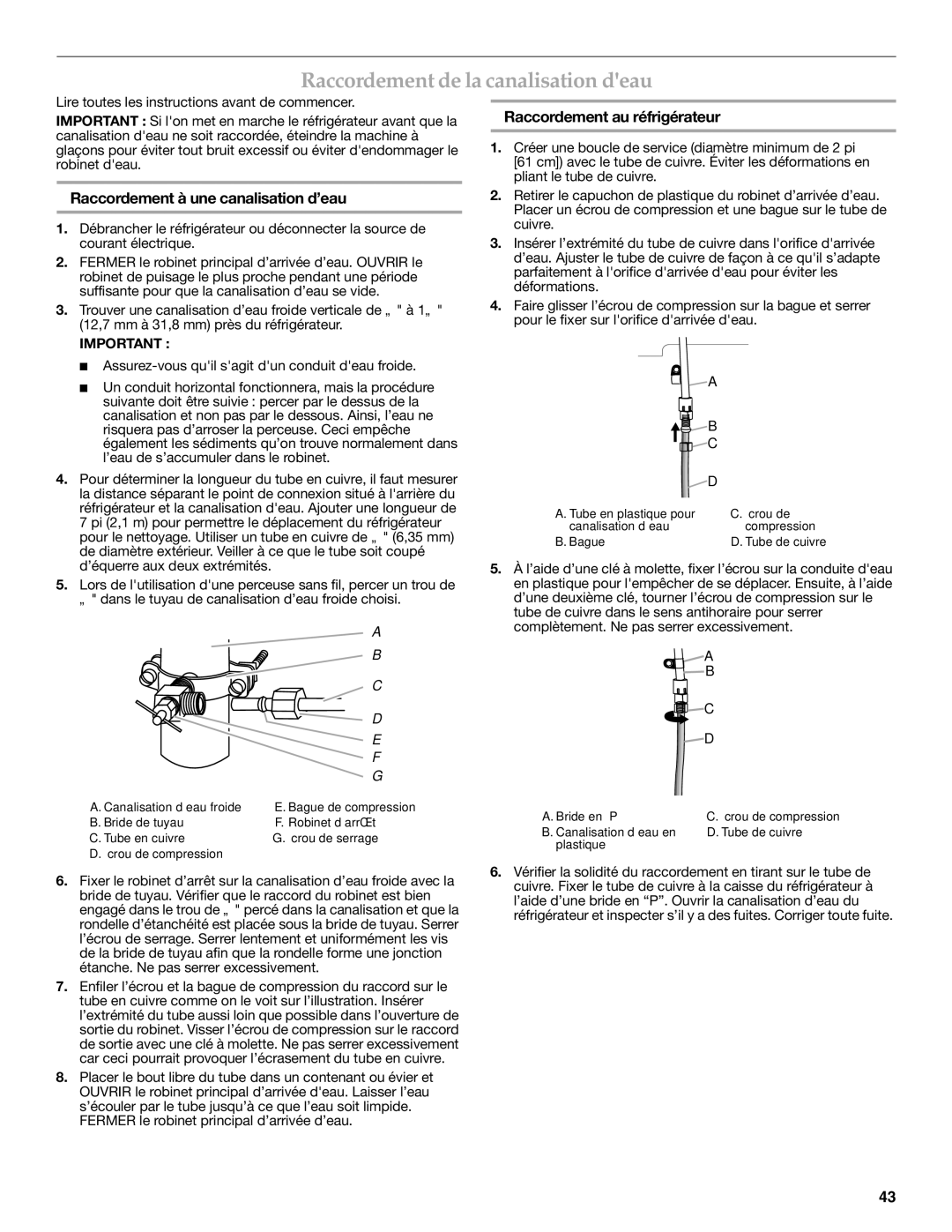 KitchenAid W10329364A installation instructions Raccordement de la canalisation deau, Raccordement à une canalisation d’eau 