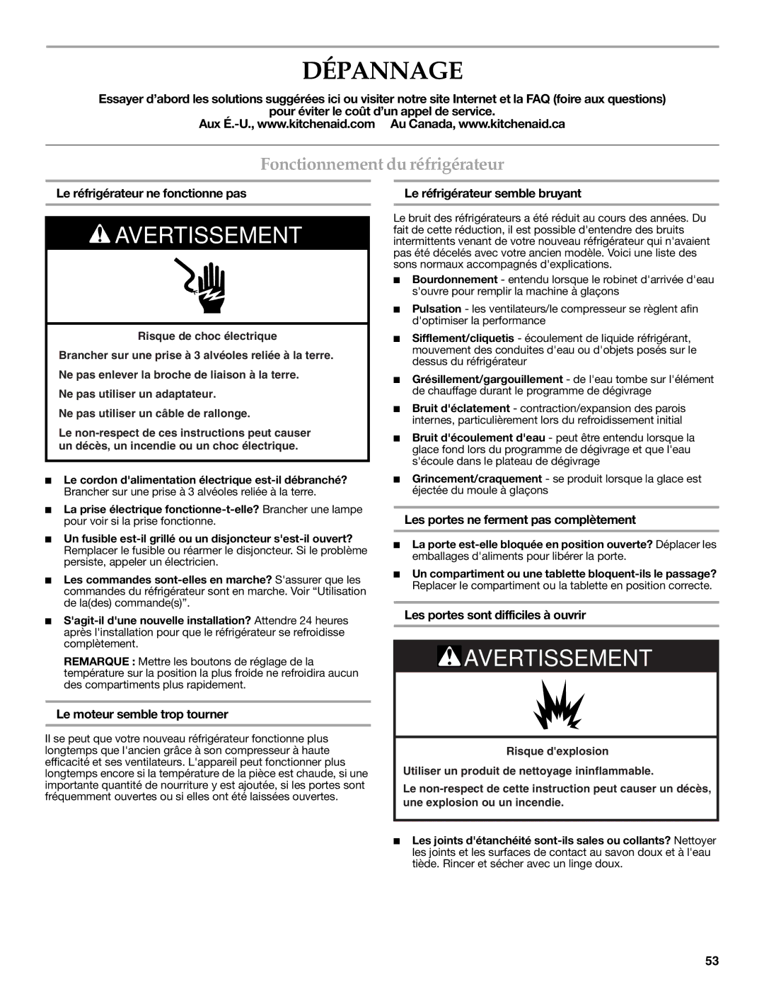 KitchenAid W10329364A installation instructions Dépannage, Fonctionnement du réfrigérateur 