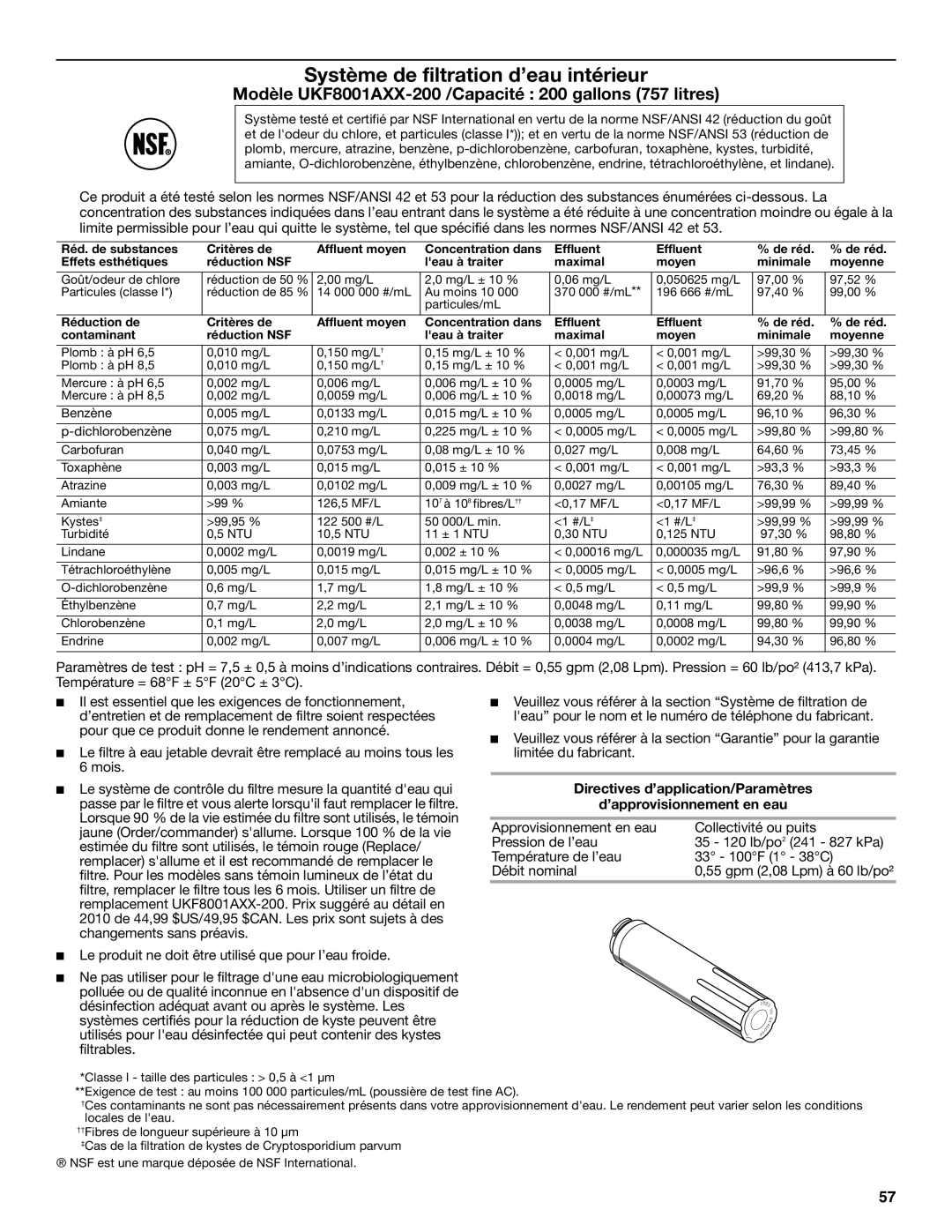 KitchenAid W10329364A installation instructions Modèle UKF8001AXX-200 /Capacité 200 gallons 757 litres 