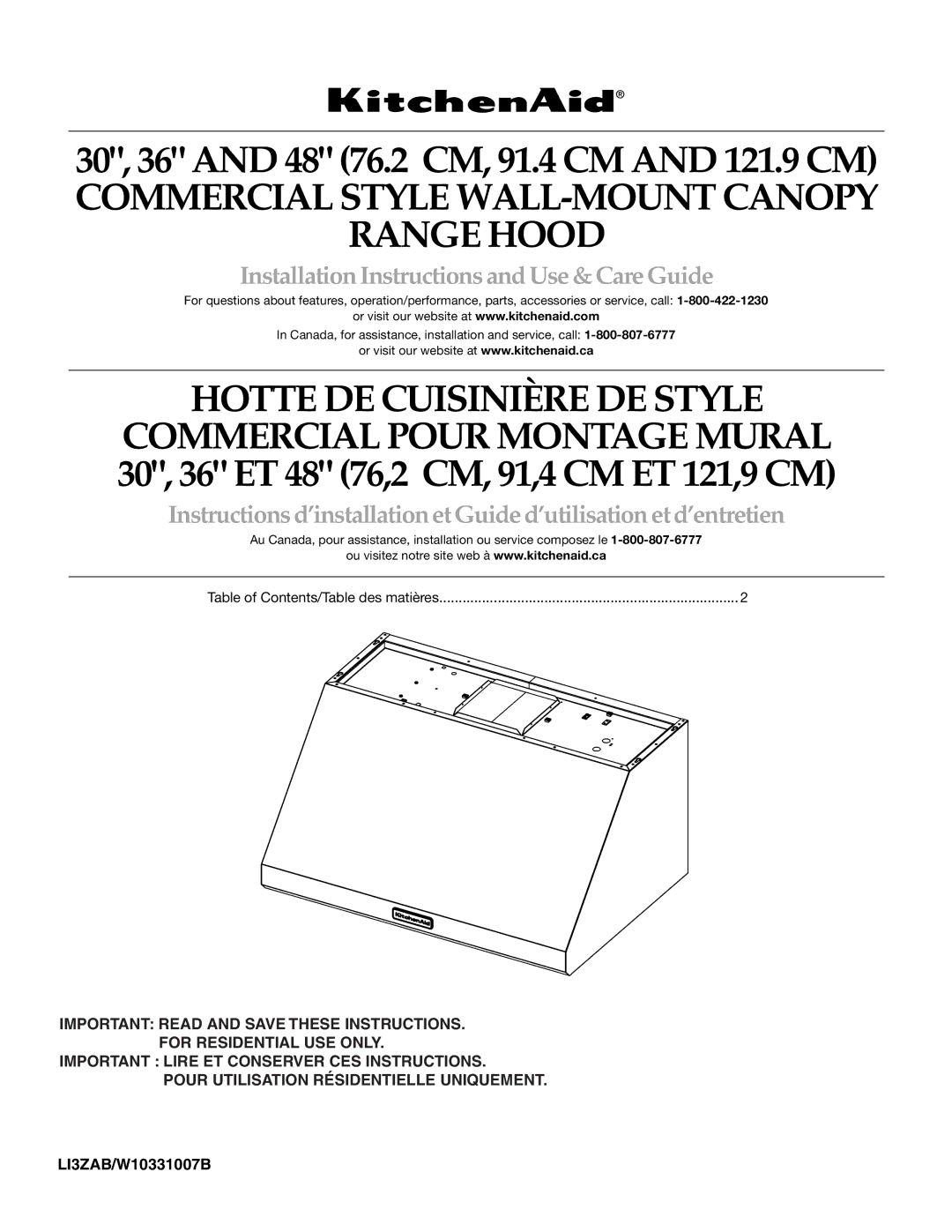 KitchenAid W10331007B installation instructions Commercial Style WALL-MOUNT Canopy Range Hood 